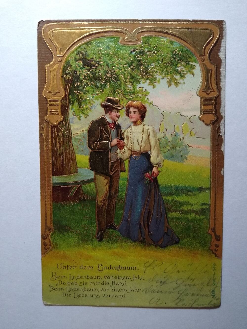 Edwardian Couple Under Linden Tree Postcard 1913 Embossed Gold Frame German